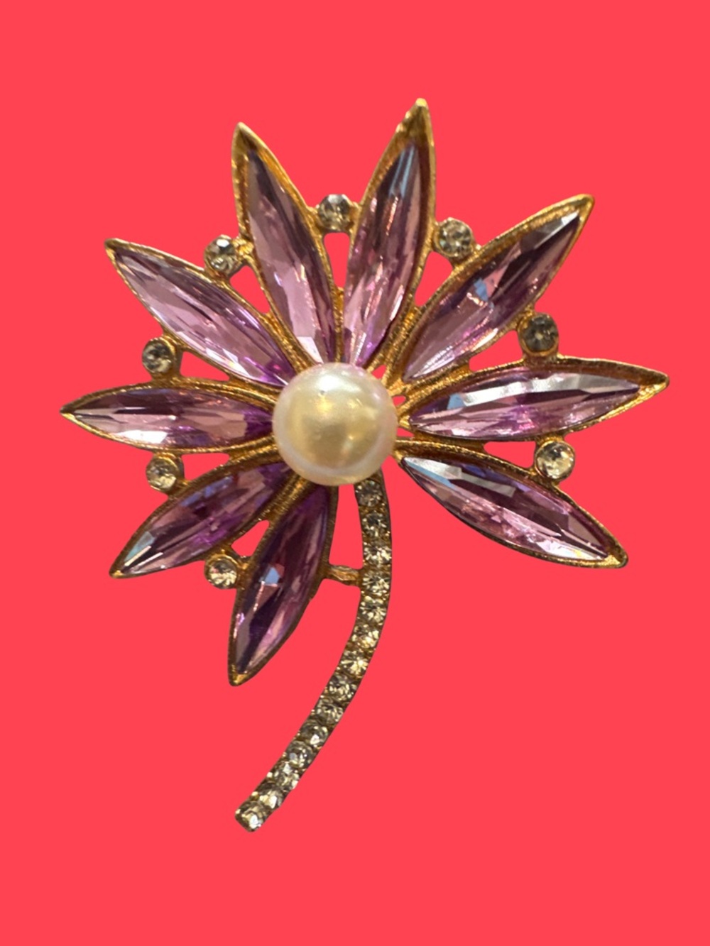 Gold-Tone Purple Crystal Flower Brooch with Pearl Center